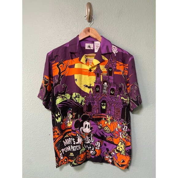 Disney Mickey's Pumpkin Patch Haunted House Ghost Button Up Shirt Size XS - Picture 1 of 8